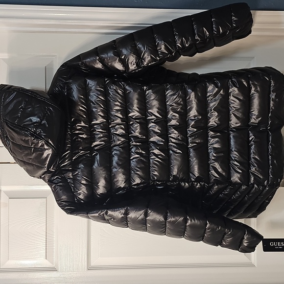 NWT Guess Shiny Black Puffer Jacket w Hoodie Pockets Full Zip 3X - Picture 14 of 15